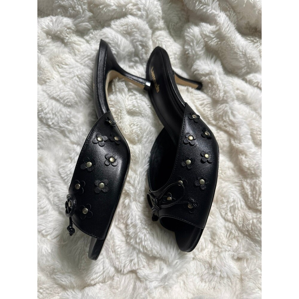 Larroude Jasmine Black Studded Leather Mule Peep Toe Heel - Picture 6 of 9